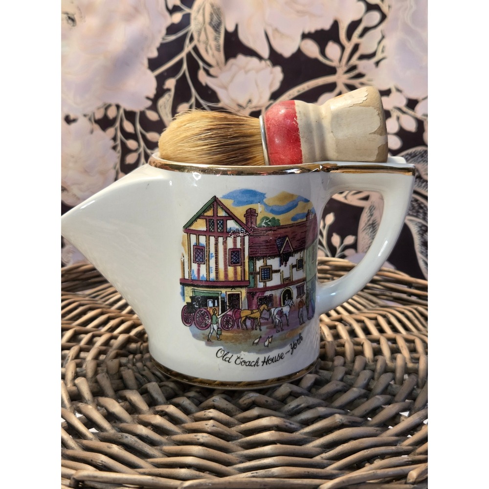 Vintage Shaving Scuttle and Brush Set Old Coach House York‎ Ceramic